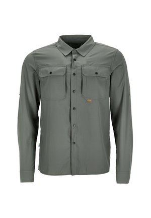 Long-sleeve button-up shirt in gray fabric with two chest pockets and a small logo patch. Features a classic collar and textured pattern.
