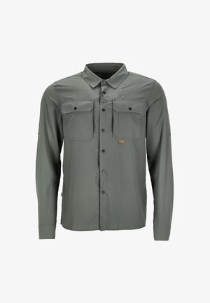 Langärmliges Hemd mit Knöpfen aus grauem Stoff, ausgestattet mit zwei Brusttaschen und einem kleinen Logopatch. Es hat einen klassischen Kragen und ein strukturiertes Muster.