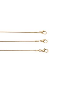 Złociste metalowe łańcuchy o gładkim, wężowym designie. Posiadają zapięcia typu lobster na obu końcach, charakteryzujące się błyszczące wykończeniem i elastycznością.