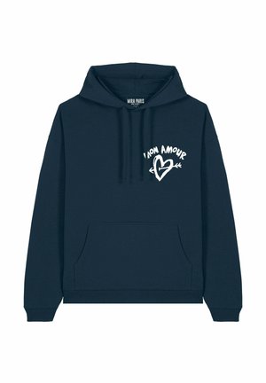 Navy blue hoodie made of cotton, featuring a front pocket, drawstring hood, and white graphic reading "I Mon Amour" with a heart design.