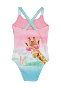 Viena gabala peldkostīms ar krusteniskām siksnām, rozā gradienta augšdaļu un zilu apakšu. Iezīmēts ar žirafes grafiku, kas valkā rozā saulesbrilles.