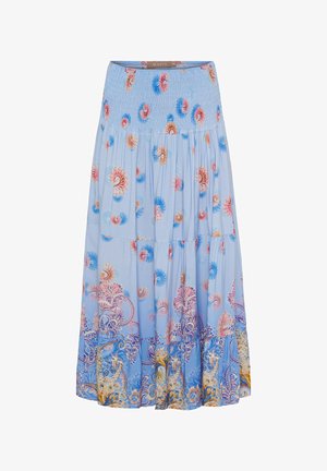 Lyseblå midi nederdel med elastisk linning, med pink og blå blomsterprint og indviklet flerfarvet paisley-design langs kanten.