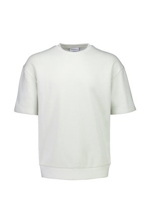 Schlichtes weißes Sweatshirt mit Rundhalsausschnitt, kurzen Ärmeln sowie geripptem Saum und Bündchen vor weißem Hintergrund.