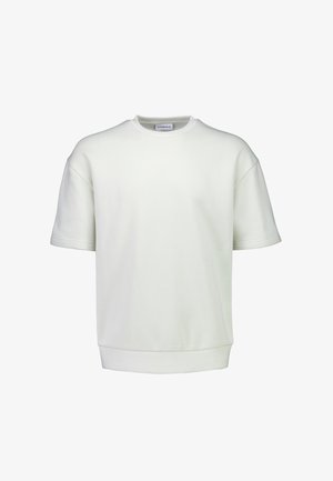 Schlichtes weißes Sweatshirt mit Rundhalsausschnitt, kurzen Ärmeln sowie geripptem Saum und Bündchen vor weißem Hintergrund.