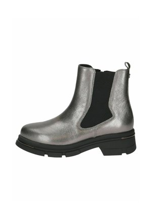 Stivaletto argentato metallico con pannelli elastici laterali, dettagli neri, punta rotonda, superficie testurizzata e suola in gomma chunky.