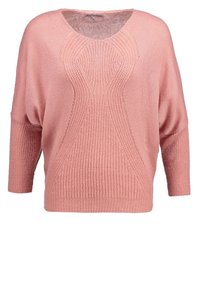 Maglione rosa lavorato a maglia con scollatura ampia e maniche a tre quarti. Presenta un motivo testurizzato sul davanti e una vestibilità comoda.