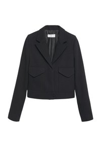 Veste courte noire à manches longues, col à revers cranté, deux poches avant à rabat et fermeture par un seul bouton à l’ourlet.
