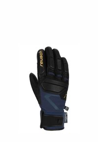 Zwart en marineblauw waterdicht handschoen met gestructureerde palm, versterkte vingertoppen, verstelbare polsband en "Reusch"-logo in goud.