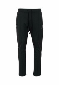 Sorte tapered joggers lavet af blødt stof, med elastisk talje, snøre og to lynlåslommer i siden til sikker opbevaring.
