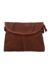 Brown leather clutch bag with a fold-over flap, top zipper closure, and side tassel detail; smooth texture with slight sheen.
