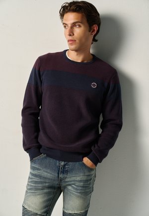 Junger Mann mit kurzen braunen Haaren, der einen dunkel gestreiften Pullover und ausgewaschene Jeans trägt, steht mit den Händen in den Taschen vor einer hellgrauen Wand.