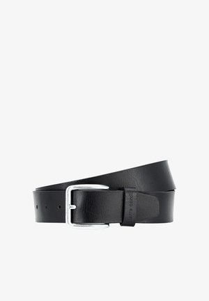 Schwarzer Ledergürtel mit silberner Metall-Schließe und mehreren Einstelllöchern, aufgerollt mit sichtbarer Markenprägung an der Gürtelschlaufe.