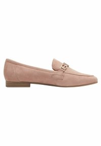 Light pink suede loafers with a flat heel, featuring a rounded toe and a small decorative buckle on the front. Smooth texture and minimalist design.