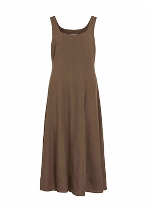 Robe midi marron sans manches avec encolure carrée et détails à panneaux, ourlet évasé, présentée sur fond blanc.