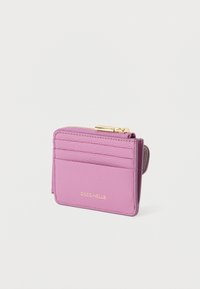 Pink leather card holder with multiple card slots, gold hardware, and a zippered compartment. Textured surface, compact rectangular shape.