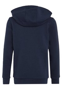 Sudadera azul marino con capucha ajustable, mangas largas, puños acanalados y una textura suave. Presenta un diseño limpio y minimalista.