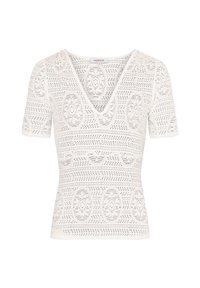 Weißes Kurzarmoberteil mit V-Ausschnitt, das ein perforiertes Design mit geometrischen Mustern und einer figurschmeichelnden Passform aufweist.