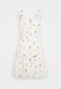 Vestido blanco con un corsé ajustado y falda acampanada. Presenta estampados coloridos con temática playera, tirantes anchos y una cintura fruncida.