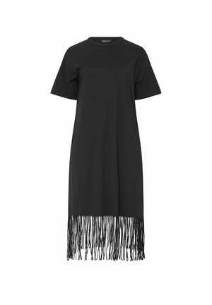 Robe noire à manches courtes avec col rond et long détail de franges le long de l'ourlet, longueur mi-longue et coupe ample.