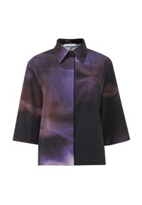 Short-sleeve shirt in purple and black fabric with a gradient pattern, featuring a pointed collar and a button closure.