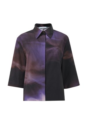 Korte mouw shirt in paarse en zwarte stof met een gradient patroon, voorzien van een puntige kraag en een knoopsluiting.