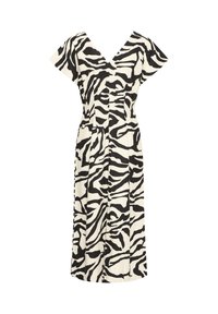 Robe midi à imprimé zèbre noir et blanc avec manches courtes et décolleté en V, taille cintrée et jupe évasée sur fond blanc.