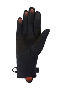 Schwarze thermische Handschuhe mit gepolsterten Handflächen, strukturierten Fingerspitzen mit Kupferakzenten und einem Ziehband für einfaches Anziehen. Robustes und funktionales Design.