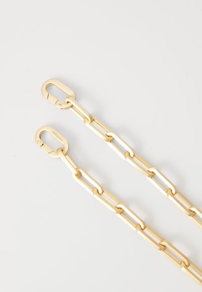 Gold metal chain with elongated rectangular links and two carabiner clasps on each end. Smooth texture and polished finish.