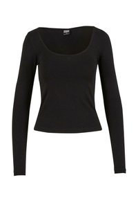 Musta pitkähihainen paita, jossa on avonainen kaula-aukko, valmistettu sileästä ja joustavasta kankaasta. Ominaisuuksina on tiukka siluetti ja lyhennetty muotoilu vyötäröllä.