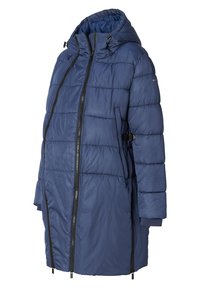 Casaco puffer azul-marinho com capuz, apresentando um design acolchoado, dois bolsos com fecho zip e tiras ajustáveis na cintura. Textura suave e lisa.