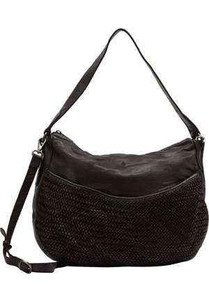 Sac à bandoulière en cuir brun foncé avec partie inférieure avant tissée, sangle réglable et fermeture éclair sur le dessus.