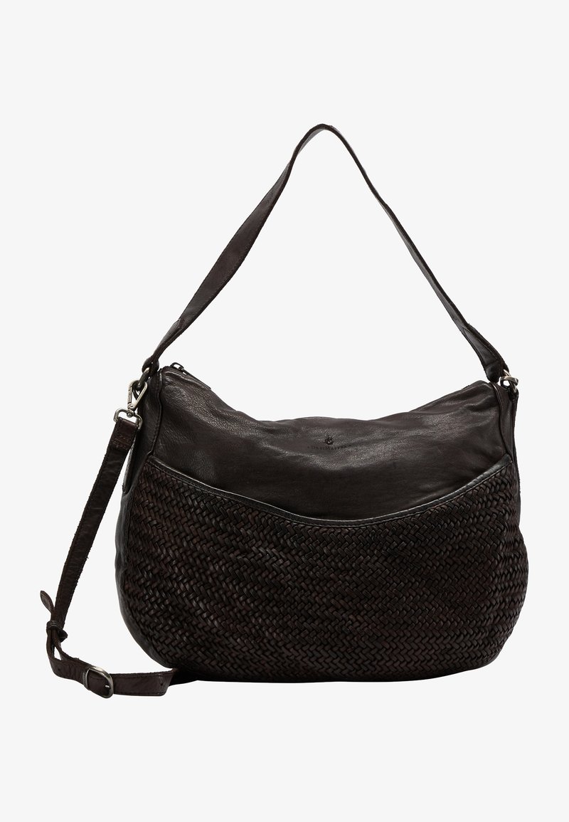Sac à bandoulière en cuir brun foncé avec partie inférieure avant tissée, sangle réglable et fermeture éclair sur le dessus.
