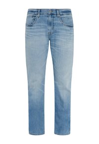 Jeans in denim azzurro chiaro con vestibilità a gamba dritta, dotati di chiusura a bottone, cinque tasche e leggere sfumature per una texture interessante.