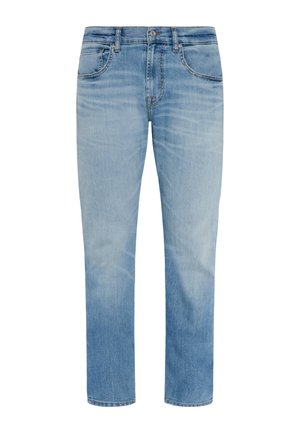 Light blue denim jeans with a straight-leg fit, featuring a button closure, five pockets, and subtle fading for texture.