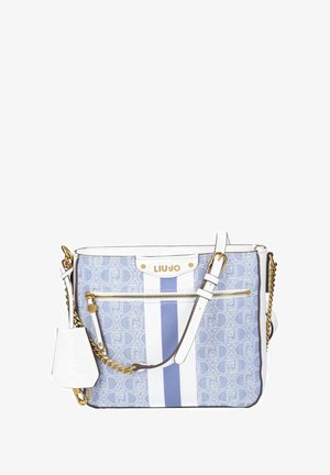 Borsa a tracolla azzurro chiaro e bianca con motivo a fantasia, cerniera dorata, tracolla bianca regolabile, dettaglio catena dorata e targhetta con logo "Liu Jo".