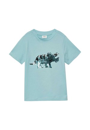 Lichtblauw kindert-shirt met korte mouwen en een glinsterend, met pailletten versierd ontwerp van een triceratops-dinosaurus aan de voorkant.