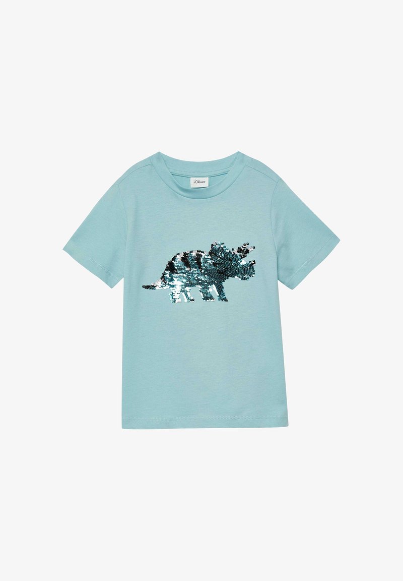 T-shirt pour enfants bleu clair à manches courtes avec un motif de dinosaure tricératops en sequins brillants sur le devant.