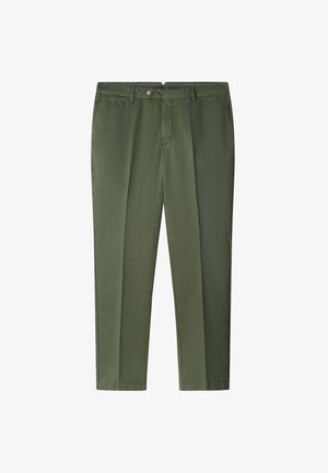 Oliwkowozielone spodnie o prostym kroju, wykonane z gładkiej tkaniny bawełnianej z dodatkiem, z zapięciem na guzik z przodu i dwoma bocznymi kieszeniami.