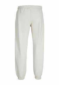 Lysegrå bomulds sweatpants med elastisk talje og tapered manchetter, der har en glat tekstur og et enkelt design.