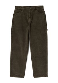 Olivgrüne Cordhosen mit geradem Schnitt, sichtbarer Textur und zwei Seitentaschen. Mit vorderem Knopf- und Reißverschluss.
