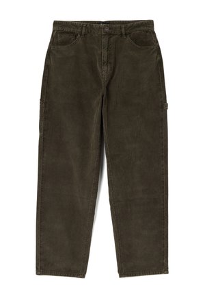 Pantalones de pana color verde oliva con corte recto, textura visible y dos bolsillos laterales. Cierre frontal con botón y cremallera.