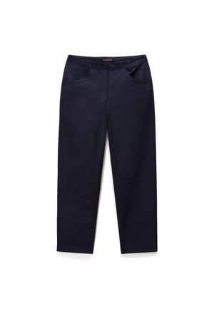 Pantalones azul marino de mezcla de algodón, que cuentan con dos bolsillos frontales, cierre de cremallera y un diseño de pierna recta con textura mínima.