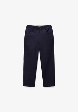 Marineblaue Hose aus Baumwollmischung mit zwei vorderen Taschen, Reißverschluss und geradem Bein, das über eine minimale Textur verfügt.