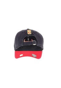 Cap with a dark navy cotton body, red visor, NBA logo patch on front, adjustable strap at the back, and a patterned inner lining.