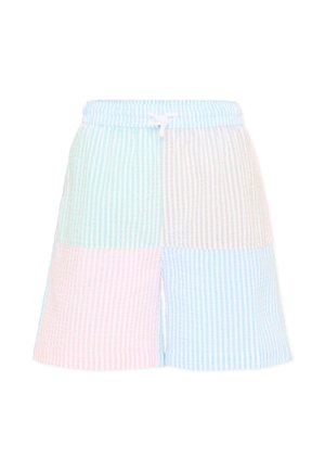 Korte shorts met verticale seersuckerstrepen in pastelblauw, roze, groen en beige, met een lichtblauwe elastische tailleband met een witte trekkoord.