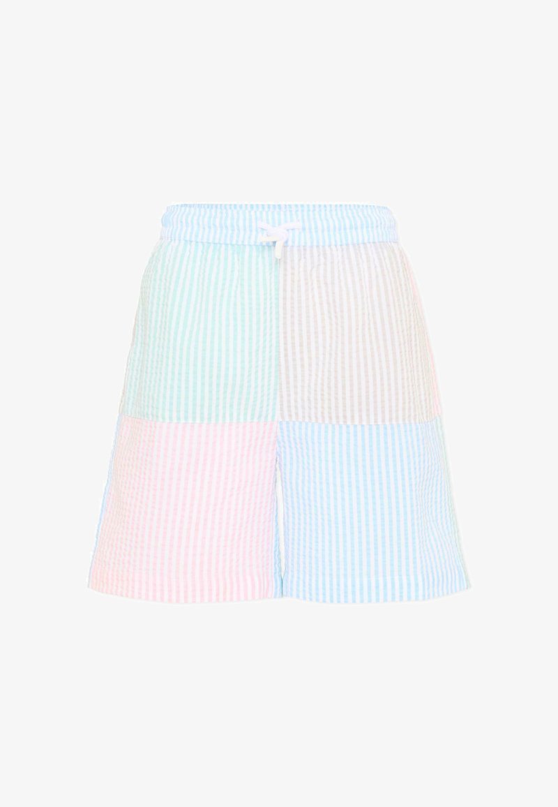 Korte shorts met verticale seersuckerstrepen in pastelblauw, roze, groen en beige, met een lichtblauwe elastische tailleband met een witte trekkoord.