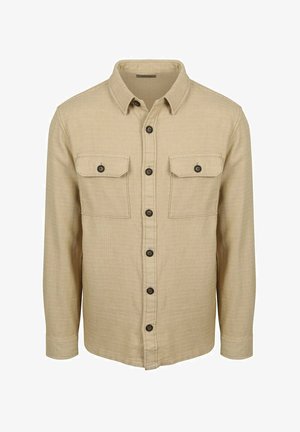 Long-sleeve beige button-up shirt with two chest flap pockets, dark buttons, and a textured fabric.
