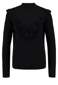 Svart tröja med långa ärmar, hög krage och en djup V-formad halsringning prydd med volangkant. Tillverkad av ett mjukt stickat material.