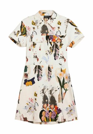 Haljina s kratkim rukavima od lagane tkanine, kremaste boje s šarenim cvjetnim i apstraktnim uzorcima te prednjim kopčanjem na kopče.