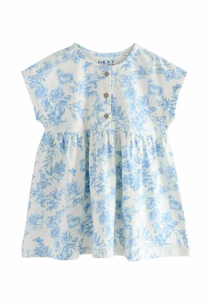 Vestito blu con stampa floreale, maniche corte, scollatura rotonda e dettagli con bottoni sul davanti. Realizzato in tessuto leggero, gonna arricciata.